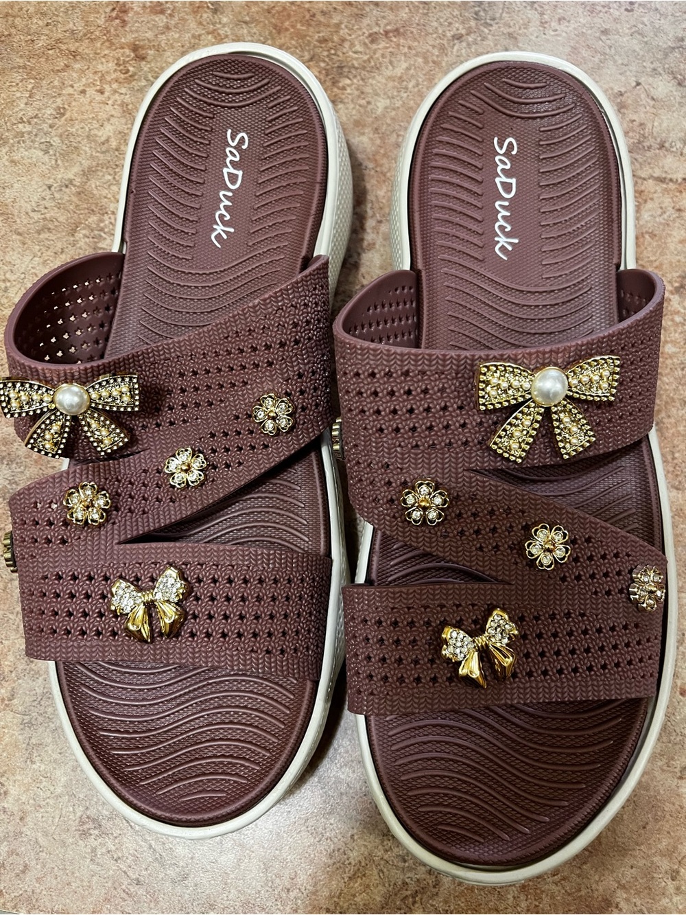 Women's Pinkish Brown Decorative Slide Sandals